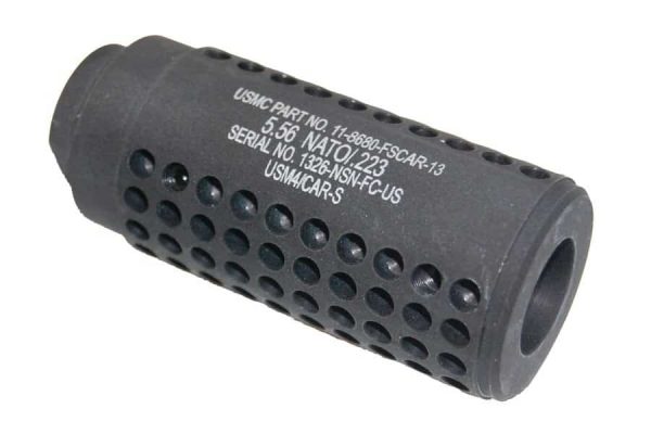 Cylindrical matte black AR-15 fake suppressor with perforations, featuring model engravings.