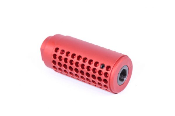 Red SOCOM-style fake suppressor for AR-15 with perforations and vibrant anodized finish.