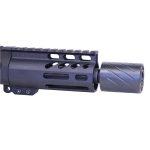 Compact AR 9mm muzzle compensator with quick-detach blast shield, enhances recoil control and accuracy.