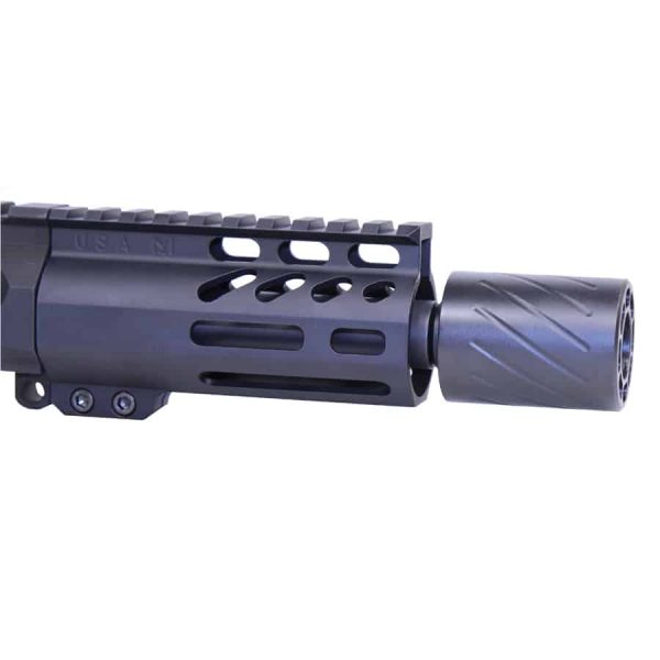 Compact AR 9mm muzzle compensator with quick-detach blast shield, enhances recoil control and accuracy.