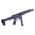 Compact 9mm AR muzzle compensator with quick-detach blast shield for enhanced recoil control.