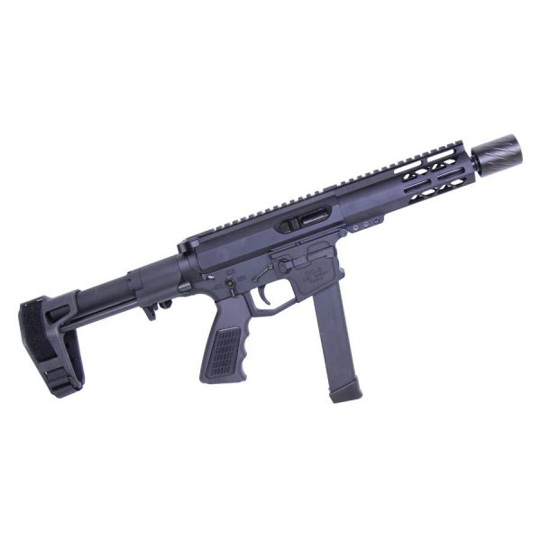 Compact 9mm AR muzzle compensator with quick-detach blast shield for enhanced recoil control.