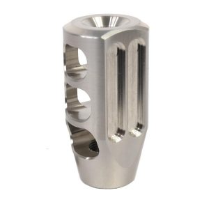 Stainless steel AR-15 muzzle brake with multiple ports for recoil reduction and gas redirection.
