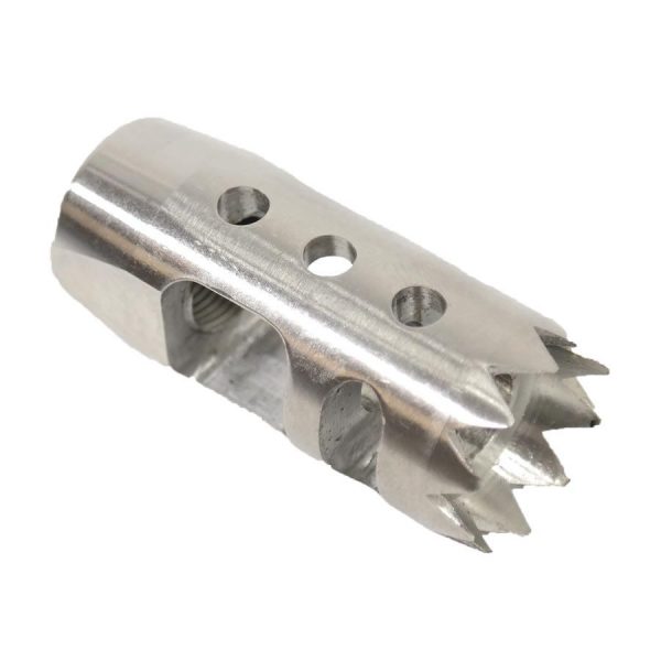 Precision-crafted stainless steel muzzle brake for 9mm firearms with gas redirecting ports.