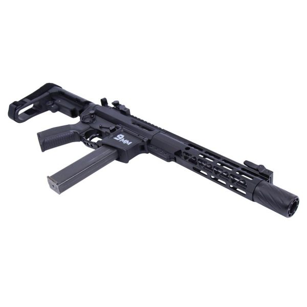 Compact matte black submachine gun with suppressor and tactical rail for close-quarters combat.