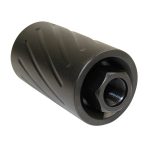 Compact matte black suppressor for 9mm AR-15, features precision threaded attachment and ribbed design.