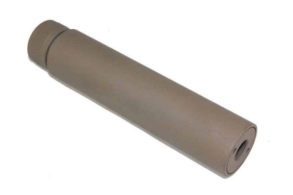Matte tan firearm suppressor reducing sound and muzzle flash for tactical use.