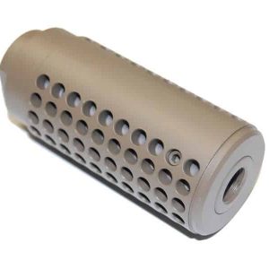 Tan tactical firearm suppressor with circular vents, robust design, and threaded attachment for noise reduction.