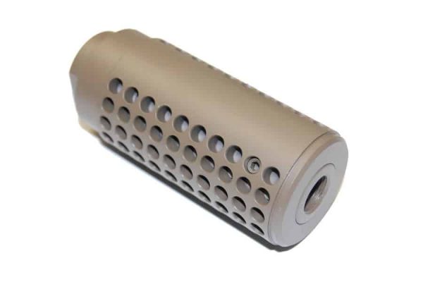 Tan tactical firearm suppressor with circular vents, robust design, and threaded attachment for noise reduction.