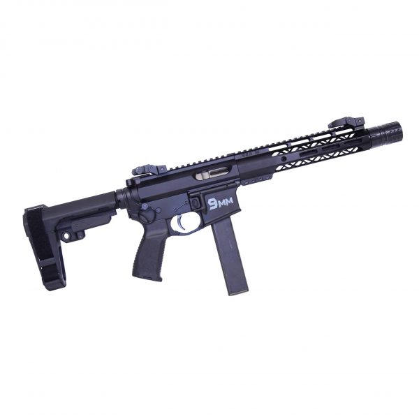 Modern 9mm pistol caliber carbine with tactical AR-15 style features and black finish.