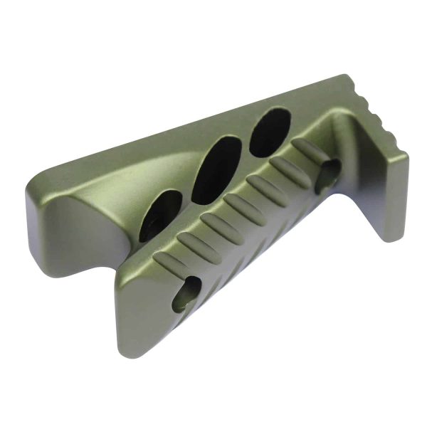 Anodized green M-LOK micro angle grip with precision cutouts and ergonomic design.