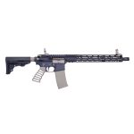 AR-15 style rifle with gray finish and tactical upgrades on white background.