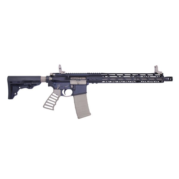 AR-15 style rifle with gray finish and tactical upgrades on white background.