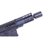 Close-up of Guntec USA SPITFIRE S 9mm AR muzzle compensator with QD blast shield.