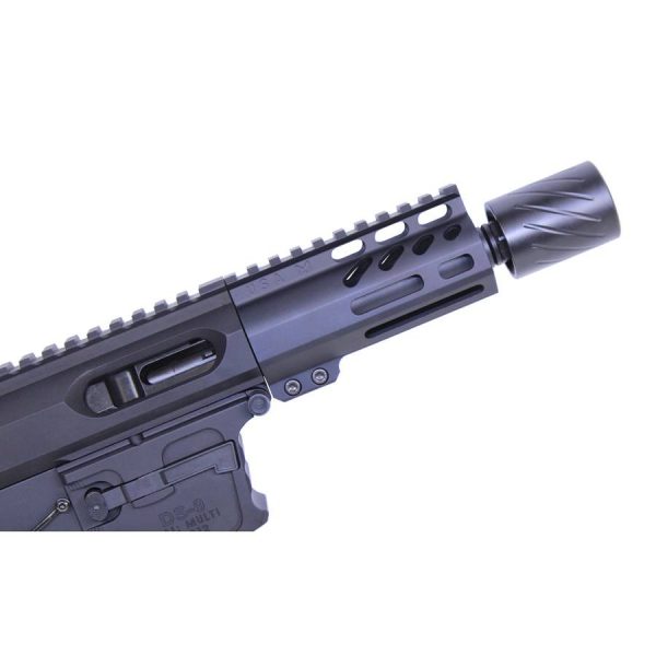 Close-up of Guntec USA SPITFIRE S 9mm AR muzzle compensator with QD blast shield.