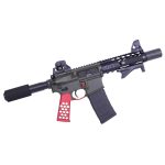 Modern AR-style pistol with red skeletonized grip and tactical suppressor.