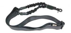 Black tactical one-point bungee sling with quick-detach snap hook for rifles.