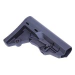 Adjustable matte black tactical rifle stock for AR-platform, featuring grip texture and weight-reducing design.