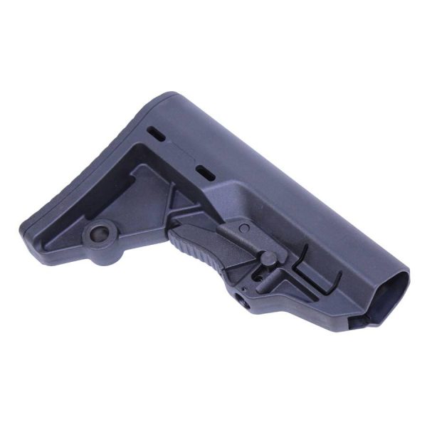 Adjustable matte black tactical rifle stock for AR-platform, featuring grip texture and weight-reducing design.