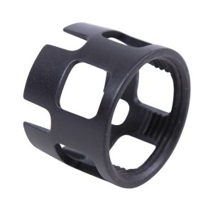 Black anodized aluminum tactical flashlight bezel with threaded attachment and protective cage-like design.