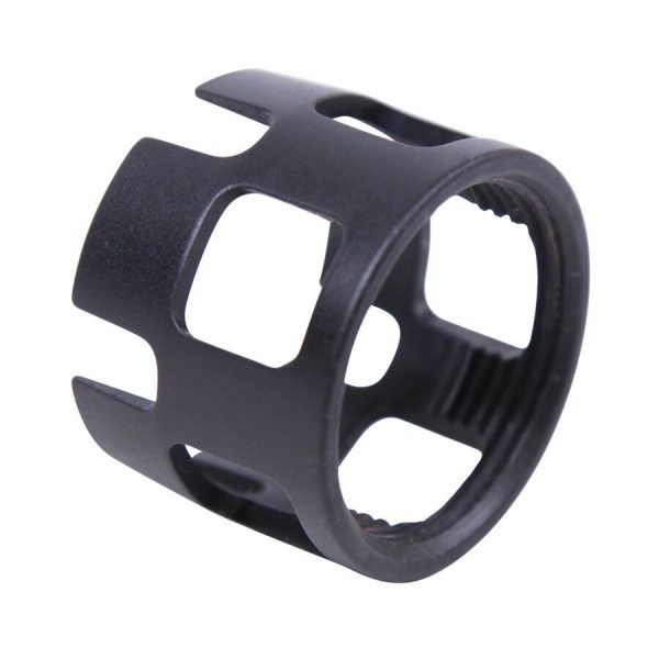 Black anodized aluminum tactical flashlight bezel with threaded attachment and protective cage-like design.