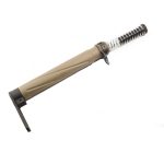 Tactical folding knife with tan ergonomic handle and assisted opening for utility and outdoor use.