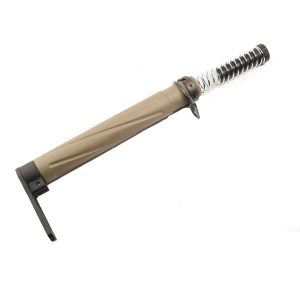 Tactical folding knife with tan ergonomic handle and assisted opening for utility and outdoor use.
