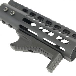 Black aluminum angled grip for KeyMod system, featuring ergonomic design and lightweight construction.