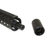 Black tactical firearm accessories: handguard with muzzle device and separate flash suppressor against white background.