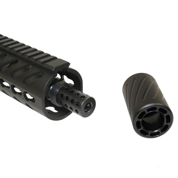 Black tactical firearm accessories: handguard with muzzle device and separate flash suppressor against white background.