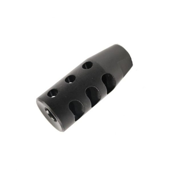 Black AR-15 muzzle brake with side ports for reducing recoil and enhancing shooting performance.