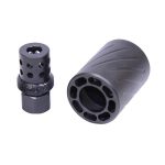 AR 9mm muzzle brake and QD blast shield, showcasing detailed engineering against a white background.