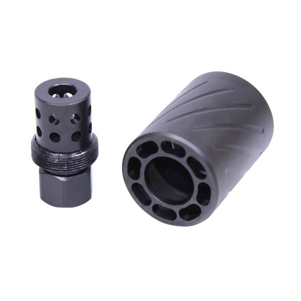 AR 9mm muzzle brake and QD blast shield, showcasing detailed engineering against a white background.