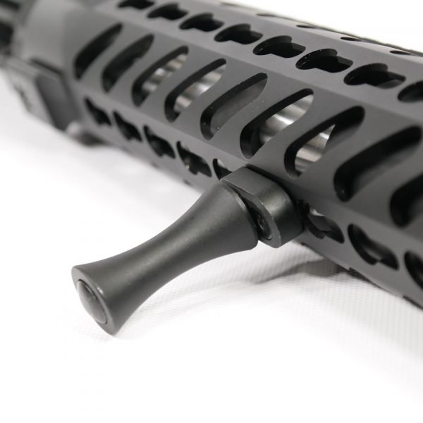 Guntec USA black KeyMod handguard with ergonomic QD handstop accessory.