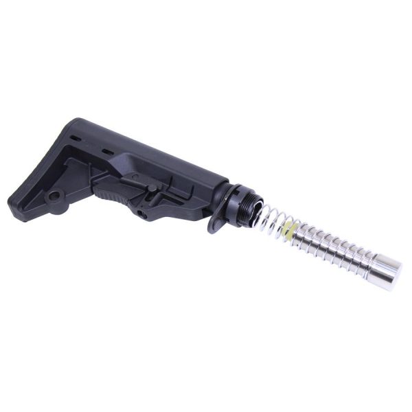 Black tactical rifle stock with buffer tube assembly and visible spring for modular AR-15 platforms.