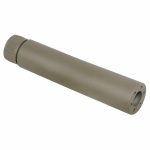 Matte dark earth tactical suppressor for AR-15 rifles with cylindrical design and noise reduction.