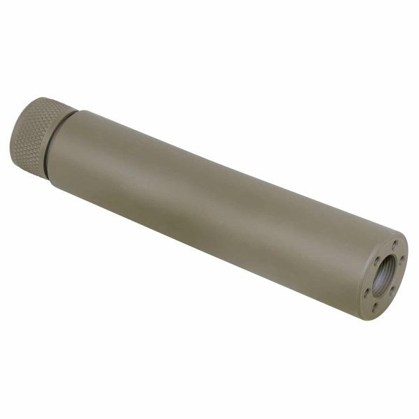 Matte dark earth tactical suppressor for AR-15 rifles with cylindrical design and noise reduction.