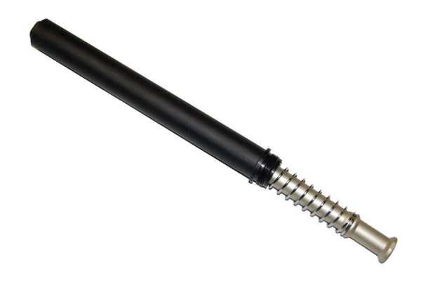 Partially extended tactical baton with non-slip handle and metallic spiral extension for defense.