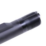Black matte precision-machined firearm barrel with spiral threading for secure attachments.