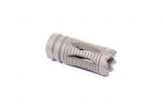 Compact, matte gray AR-15 muzzle device with vertical slots for flash reduction.