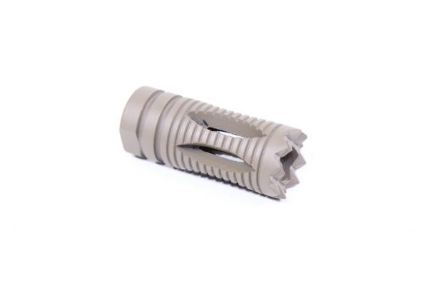 Compact, matte gray AR-15 muzzle device with vertical slots for flash reduction.