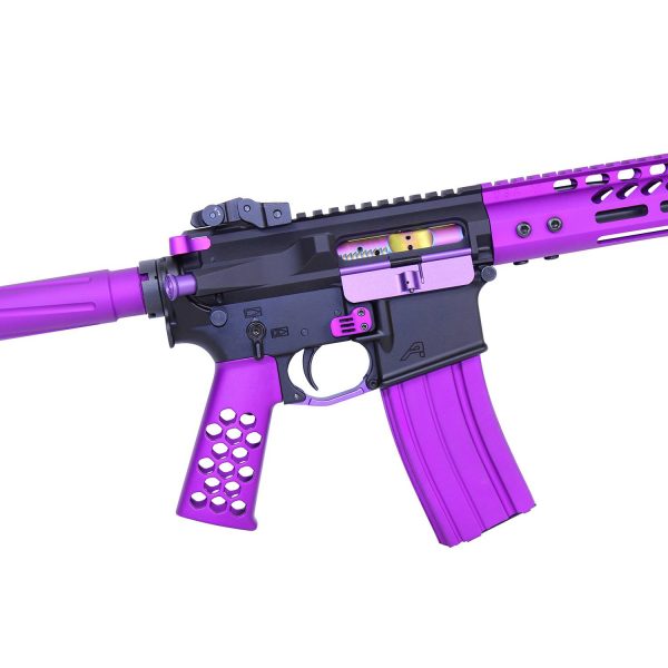Custom purple AR-style firearm with heart cutouts, contrasting black components for a unique look.