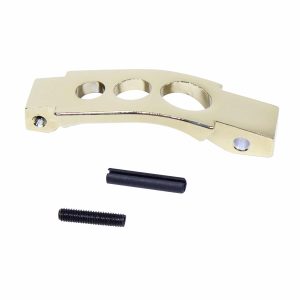 Gold-plated AR-15 enhanced trigger guard with precision cut-outs and secure fastening components.