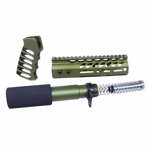 AR-15 olive green pistol grip, handguard, and buffer tube set.