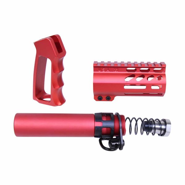 Red AR-15 micro pistol furniture set featuring ergonomic grip and ventilated shroud.