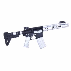 Black and white toy rifle with realistic design and tactical features.