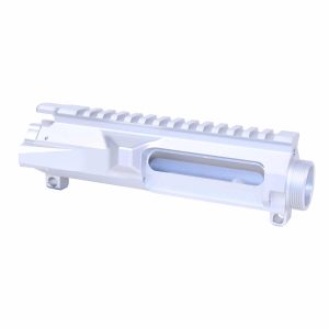 AR-15 billet upper receiver, anodized clear, with Picatinny rail and ejection port.