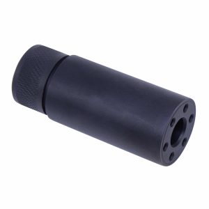 Black AR-15 9mm fake suppressor with precision-drilled holes and knurled grip.