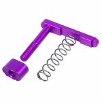 AR-15 Mag Catch Assembly with extended button in anodized purple.
