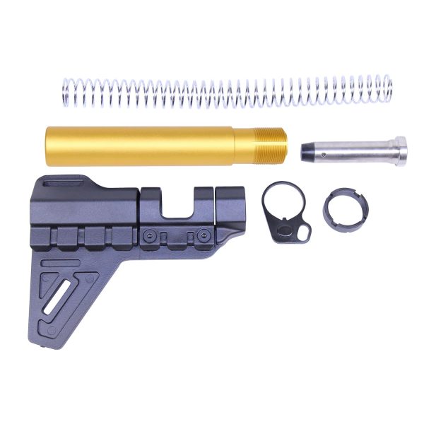 AR-15 Micro Breach Pistol Brace Kit parts in anodized gold on white background.